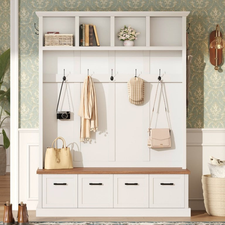 English Elm On-Trend Farmhouse Entryway Hall Tree with Seven Hooks Enclosed Cabinets Open Shelving White N721S000091K