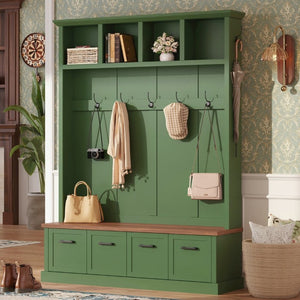 English Elm On-Trend Farmhouse Hall Tree Sage Green Cabinetry Walnut Bench Mudroom Organizer N721S000091M