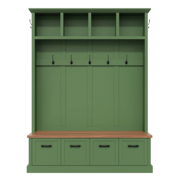 English Elm On-Trend Farmhouse Hall Tree Sage Green Cabinetry Walnut Bench Mudroom Organizer N721S000091M