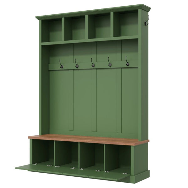 English Elm On-Trend Farmhouse Hall Tree Sage Green Cabinetry Walnut Bench Mudroom Organizer N721S000091M