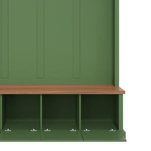 English Elm On-Trend Farmhouse Hall Tree Sage Green Cabinetry Walnut Bench Mudroom Organizer N721S000091M