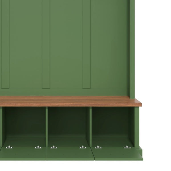 English Elm On-Trend Farmhouse Hall Tree Sage Green Cabinetry Walnut Bench Mudroom Organizer N721S000091M