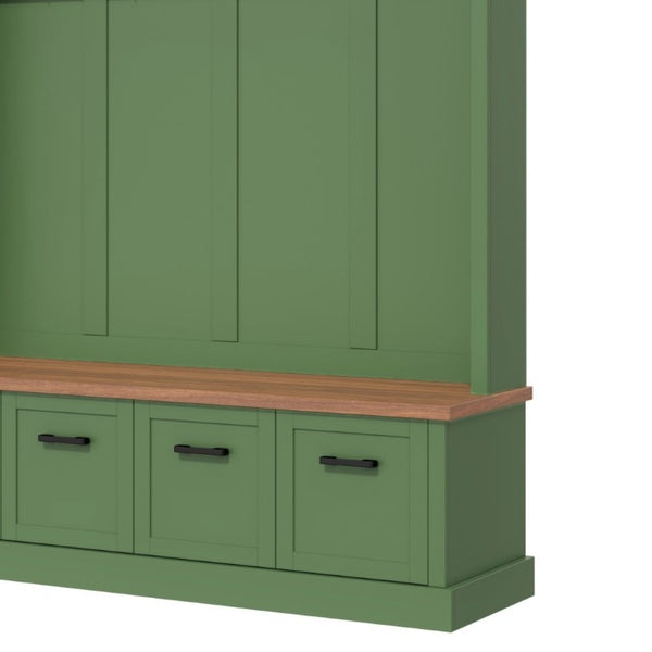 English Elm On-Trend Farmhouse Hall Tree Sage Green Cabinetry Walnut Bench Mudroom Organizer N721S000091M