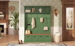 English Elm On-Trend Farmhouse Hall Tree Sage Green Cabinetry Walnut Bench Mudroom Organizer N721S000091M