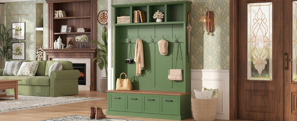 English Elm On-Trend Farmhouse Hall Tree Sage Green Cabinetry Walnut Bench Mudroom Organizer N721S000091M