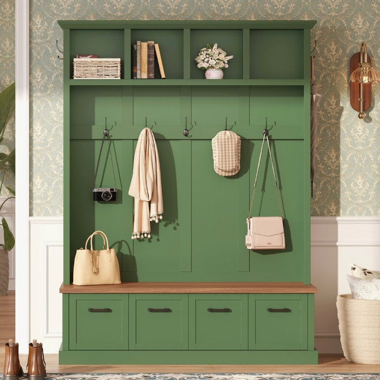 English Elm On-Trend Farmhouse Hall Tree Sage Green Cabinetry Walnut Bench Mudroom Organizer N721S000091M