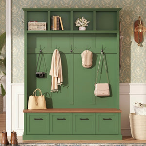 English Elm On-Trend Farmhouse Hall Tree Sage Green Cabinetry Walnut Bench Mudroom Organizer N721S000091M