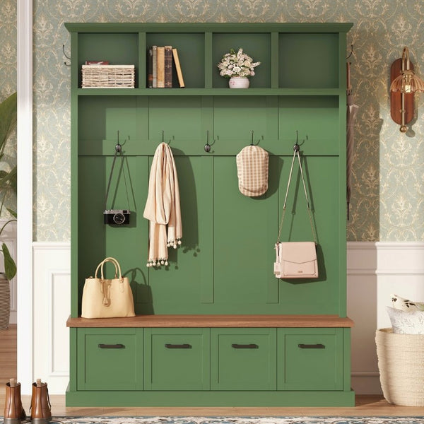 English Elm On-Trend Farmhouse Hall Tree Sage Green Cabinetry Walnut Bench Mudroom Organizer N721S000091M