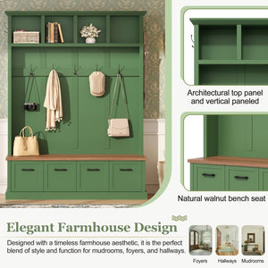 English Elm On-Trend Farmhouse Hall Tree Sage Green Cabinetry Walnut Bench Mudroom Organizer N721S000091M