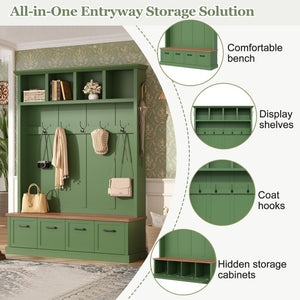 English Elm On-Trend Farmhouse Hall Tree Sage Green Cabinetry Walnut Bench Mudroom Organizer N721S000091M