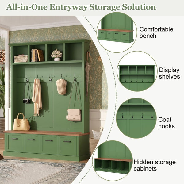 English Elm On-Trend Farmhouse Hall Tree Sage Green Cabinetry Walnut Bench Mudroom Organizer N721S000091M