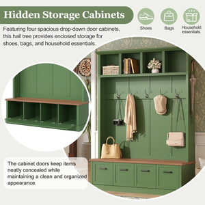 English Elm On-Trend Farmhouse Hall Tree Sage Green Cabinetry Walnut Bench Mudroom Organizer N721S000091M