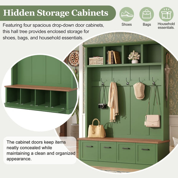 English Elm On-Trend Farmhouse Hall Tree Sage Green Cabinetry Walnut Bench Mudroom Organizer N721S000091M
