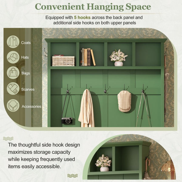 English Elm On-Trend Farmhouse Hall Tree Sage Green Cabinetry Walnut Bench Mudroom Organizer N721S000091M