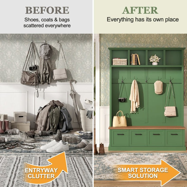 English Elm On-Trend Farmhouse Hall Tree Sage Green Cabinetry Walnut Bench Mudroom Organizer N721S000091M