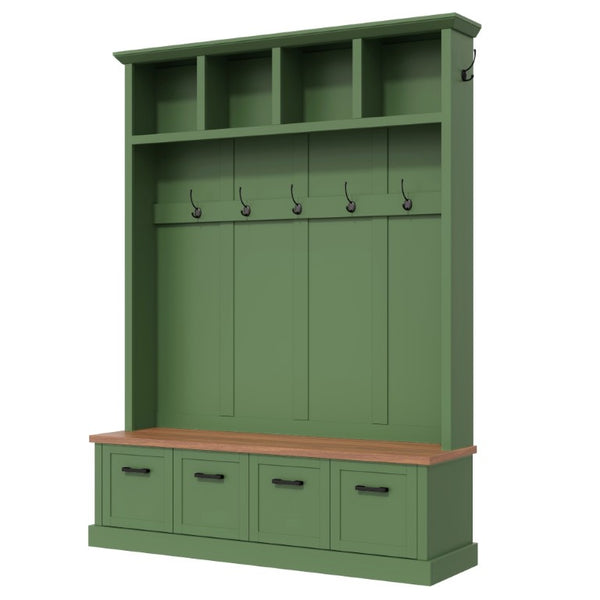 English Elm On-Trend Farmhouse Hall Tree Sage Green Cabinetry Walnut Bench Mudroom Organizer N721S000091M