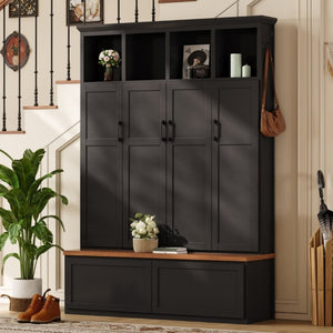 English Elm On-Trend Modern Farmhouse Hall Tree with Hidden Cabinets Six Hooks and Walnut Bench Storage Black N721S000092B