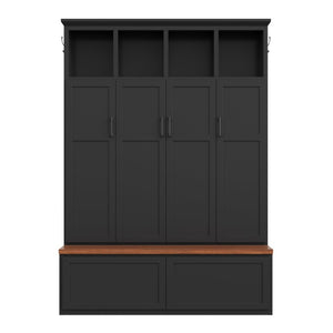 English Elm On-Trend Modern Farmhouse Hall Tree with Hidden Cabinets Six Hooks and Walnut Bench Storage Black N721S000092B