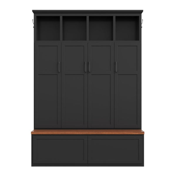 English Elm On-Trend Modern Farmhouse Hall Tree with Hidden Cabinets Six Hooks and Walnut Bench Storage Black N721S000092B