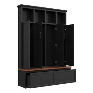 English Elm On-Trend Modern Farmhouse Hall Tree with Hidden Cabinets Six Hooks and Walnut Bench Storage Black N721S000092B