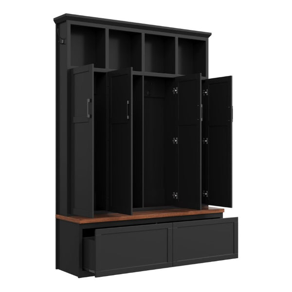English Elm On-Trend Modern Farmhouse Hall Tree with Hidden Cabinets Six Hooks and Walnut Bench Storage Black N721S000092B