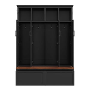 English Elm On-Trend Modern Farmhouse Hall Tree with Hidden Cabinets Six Hooks and Walnut Bench Storage Black N721S000092B