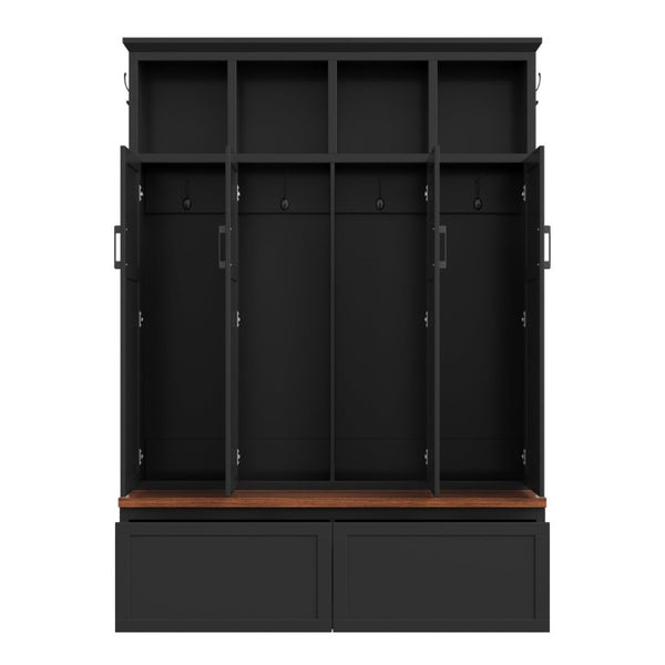 English Elm On-Trend Modern Farmhouse Hall Tree with Hidden Cabinets Six Hooks and Walnut Bench Storage Black N721S000092B