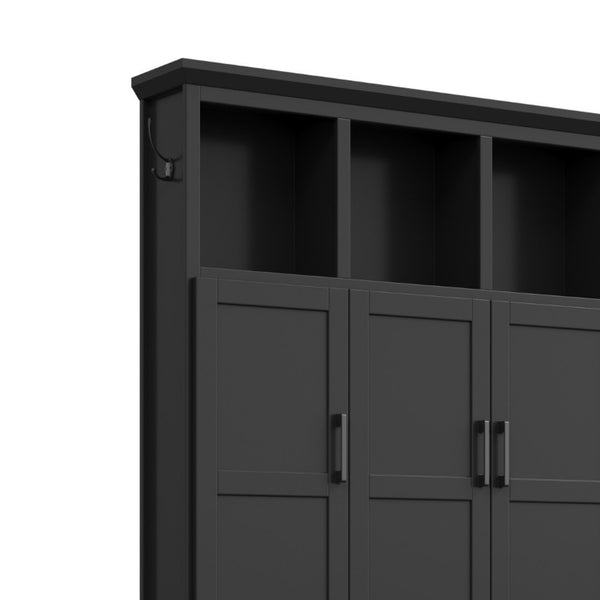 English Elm On-Trend Modern Farmhouse Hall Tree with Hidden Cabinets Six Hooks and Walnut Bench Storage Black N721S000092B