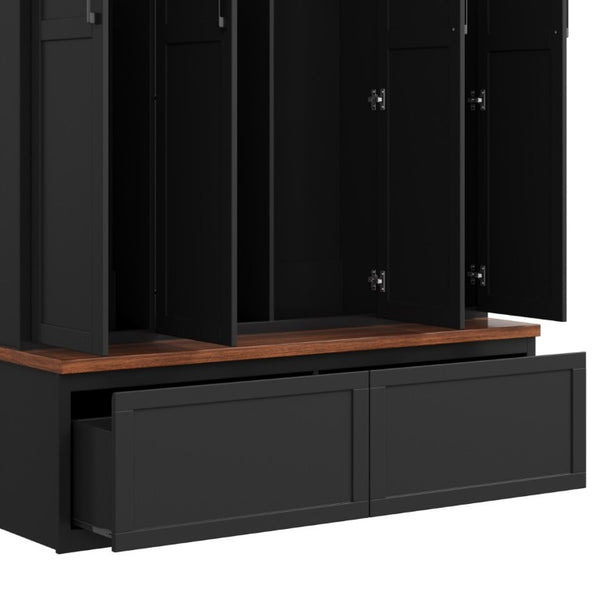 English Elm On-Trend Modern Farmhouse Hall Tree with Hidden Cabinets Six Hooks and Walnut Bench Storage Black N721S000092B