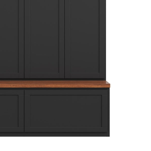English Elm On-Trend Modern Farmhouse Hall Tree with Hidden Cabinets Six Hooks and Walnut Bench Storage Black N721S000092B