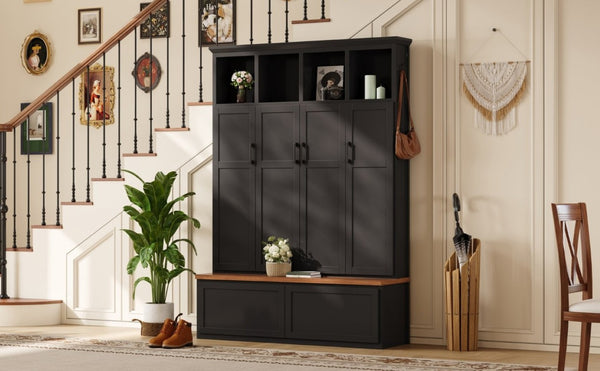 English Elm On-Trend Modern Farmhouse Hall Tree with Hidden Cabinets Six Hooks and Walnut Bench Storage Black N721S000092B