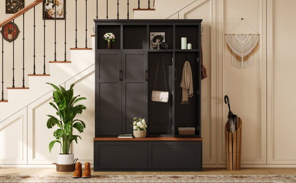 English Elm On-Trend Modern Farmhouse Hall Tree with Hidden Cabinets Six Hooks and Walnut Bench Storage Black N721S000092B
