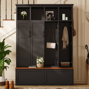 English Elm On-Trend Modern Farmhouse Hall Tree with Hidden Cabinets Six Hooks and Walnut Bench Storage Black N721S000092B
