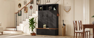 English Elm On-Trend Modern Farmhouse Hall Tree with Hidden Cabinets Six Hooks and Walnut Bench Storage Black N721S000092B