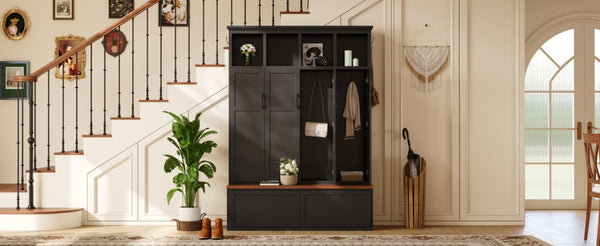 English Elm On-Trend Modern Farmhouse Hall Tree with Hidden Cabinets Six Hooks and Walnut Bench Storage Black N721S000092B