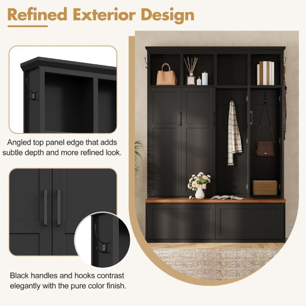 English Elm On-Trend Modern Farmhouse Hall Tree with Hidden Cabinets Six Hooks and Walnut Bench Storage Black N721S000092B
