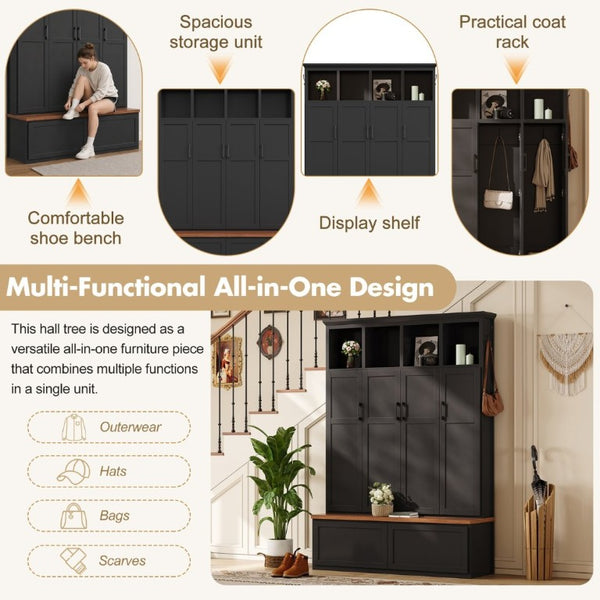 English Elm On-Trend Modern Farmhouse Hall Tree with Hidden Cabinets Six Hooks and Walnut Bench Storage Black N721S000092B