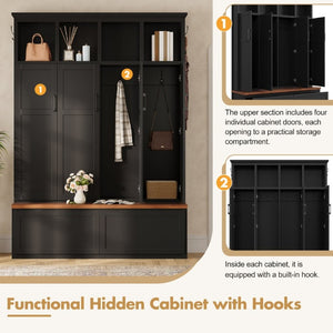 English Elm On-Trend Modern Farmhouse Hall Tree with Hidden Cabinets Six Hooks and Walnut Bench Storage Black N721S000092B