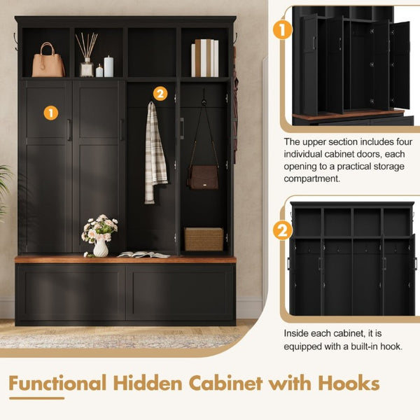 English Elm On-Trend Modern Farmhouse Hall Tree with Hidden Cabinets Six Hooks and Walnut Bench Storage Black N721S000092B