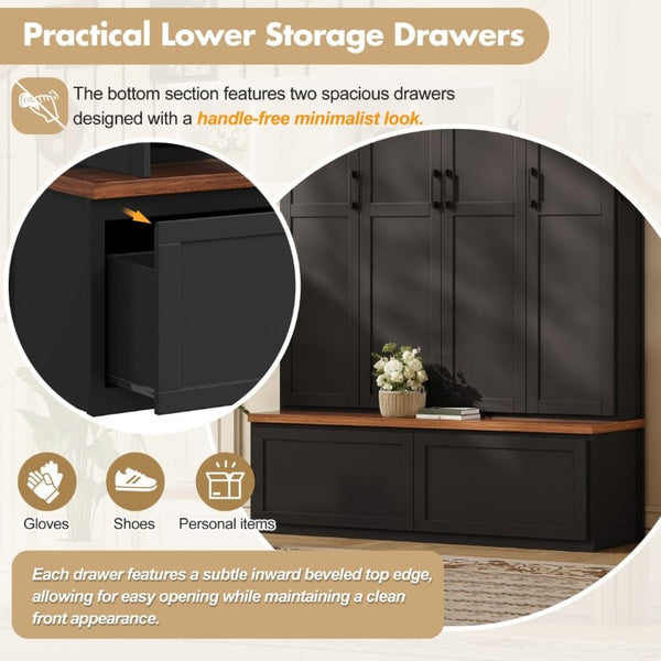 English Elm On-Trend Modern Farmhouse Hall Tree with Hidden Cabinets Six Hooks and Walnut Bench Storage Black N721S000092B
