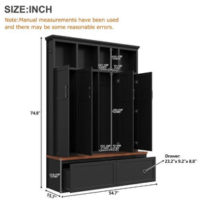 English Elm On-Trend Modern Farmhouse Hall Tree with Hidden Cabinets Six Hooks and Walnut Bench Storage Black N721S000092B