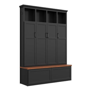 English Elm On-Trend Modern Farmhouse Hall Tree with Hidden Cabinets Six Hooks and Walnut Bench Storage Black N721S000092B