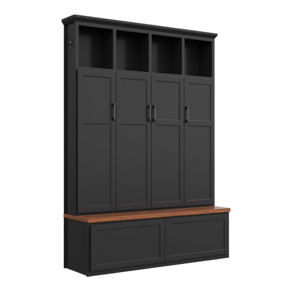 English Elm On-Trend Modern Farmhouse Hall Tree with Hidden Cabinets Six Hooks and Walnut Bench Storage Black N721S000092B