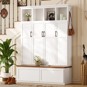 English Elm On-Trend Modern Farmhouse Hall Tree with Hidden Cabinets Six Hooks and Walnut Bench Storage White N721S000092K