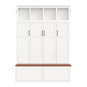 English Elm On-Trend Modern Farmhouse Hall Tree with Hidden Cabinets Six Hooks and Walnut Bench Storage White N721S000092K