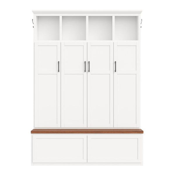 English Elm On-Trend Modern Farmhouse Hall Tree with Hidden Cabinets Six Hooks and Walnut Bench Storage White N721S000092K