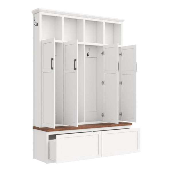 English Elm On-Trend Modern Farmhouse Hall Tree with Hidden Cabinets Six Hooks and Walnut Bench Storage White N721S000092K