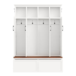 English Elm On-Trend Modern Farmhouse Hall Tree with Hidden Cabinets Six Hooks and Walnut Bench Storage White N721S000092K