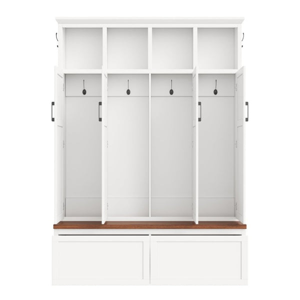 English Elm On-Trend Modern Farmhouse Hall Tree with Hidden Cabinets Six Hooks and Walnut Bench Storage White N721S000092K
