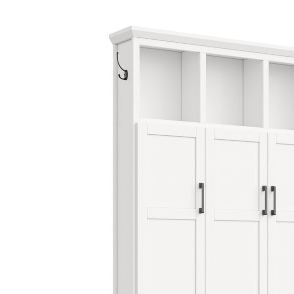 English Elm On-Trend Modern Farmhouse Hall Tree with Hidden Cabinets Six Hooks and Walnut Bench Storage White N721S000092K
